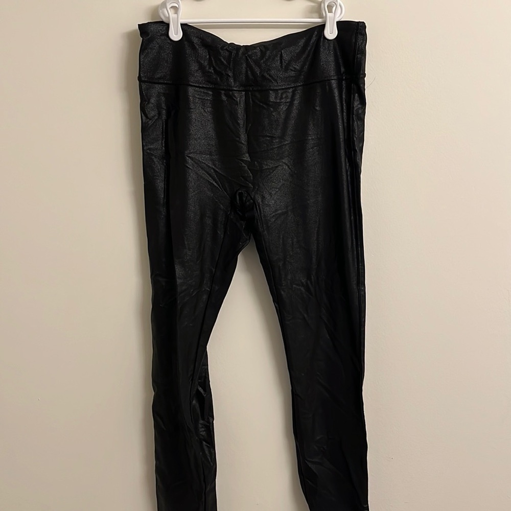 Retro Gong Faux Leather Leggings, Black, High Waisted Stretchy, XXL